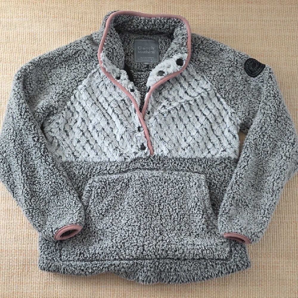 Simply Southern Sherpa Pullover Small Gray Fleece Quarter Snap Cozy Sweatshirt